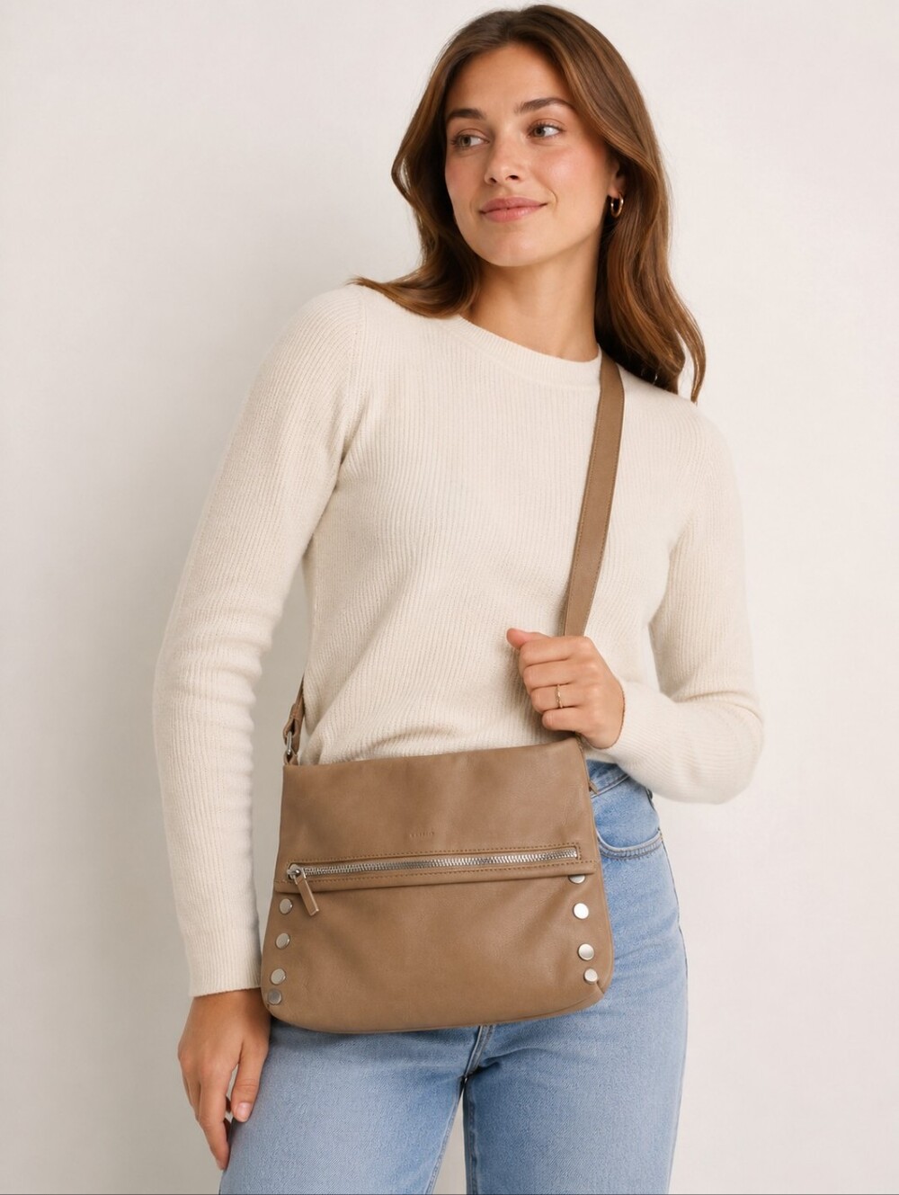Hammitt Tan Leather Crossbody Bag Silver Hardware Neutral